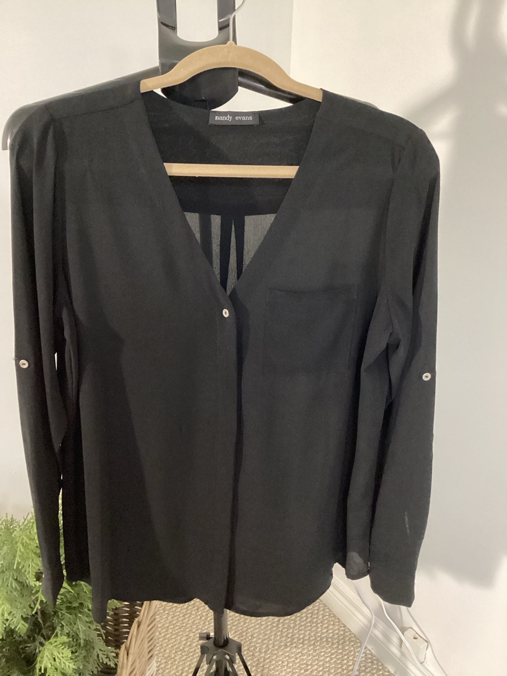 Mandy Evans Women’s Black V-Neck Pop-over Long-Sleeve Dressy Blouse Size Large